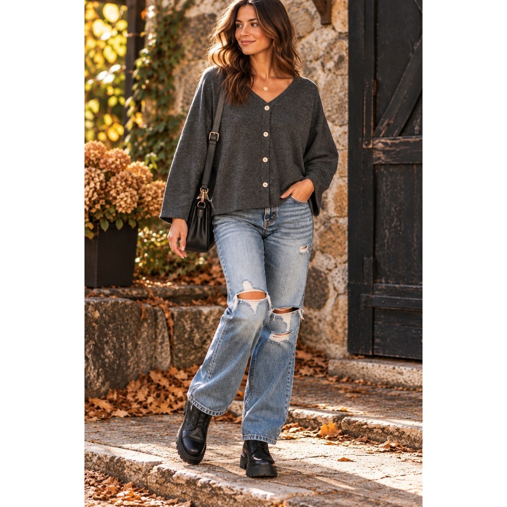 Women's XL Charcoal Gray Dolman Batwing Sweater Button Back V Neck Relaxed